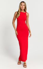 Aisha Maxi Dress - Sleeveless Twist Strap Bodycon Dress in Red